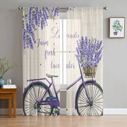 Farm Purple Fresh Flower Lavender Bicycle Tulle Sheer Window Curtains for Living Room Bedroom Tulle Voile Curtains Decoration