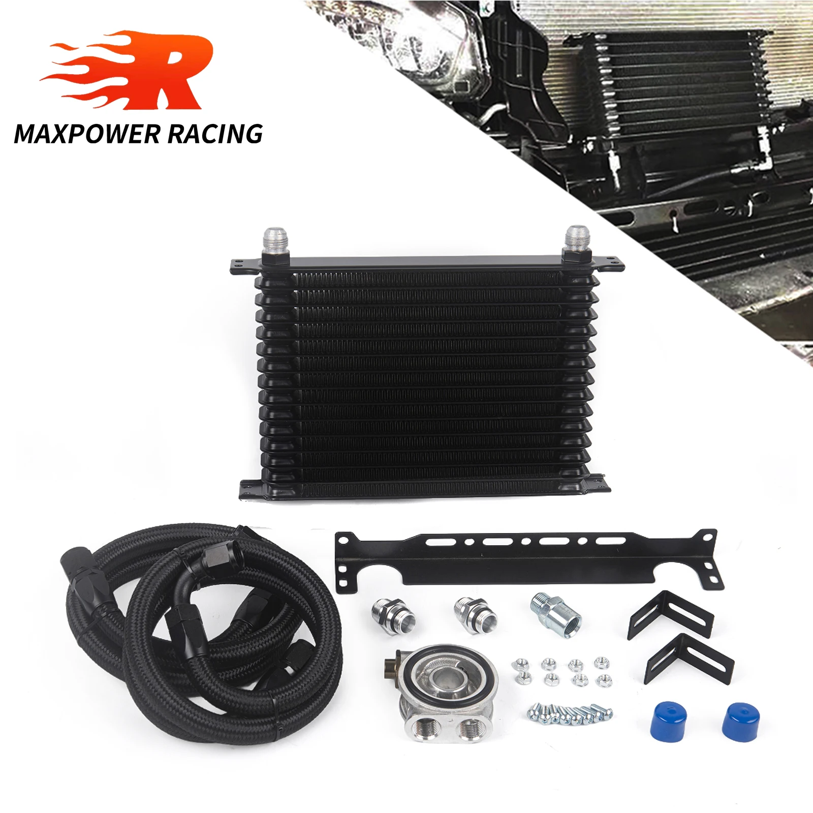 15 Rows 1 Set T-MODEL Oil Cooler Kit + Thermostat Oil Filter Sandwich Adapter + Nylon Steel Braided AN10 Hose+Mounting Bracket