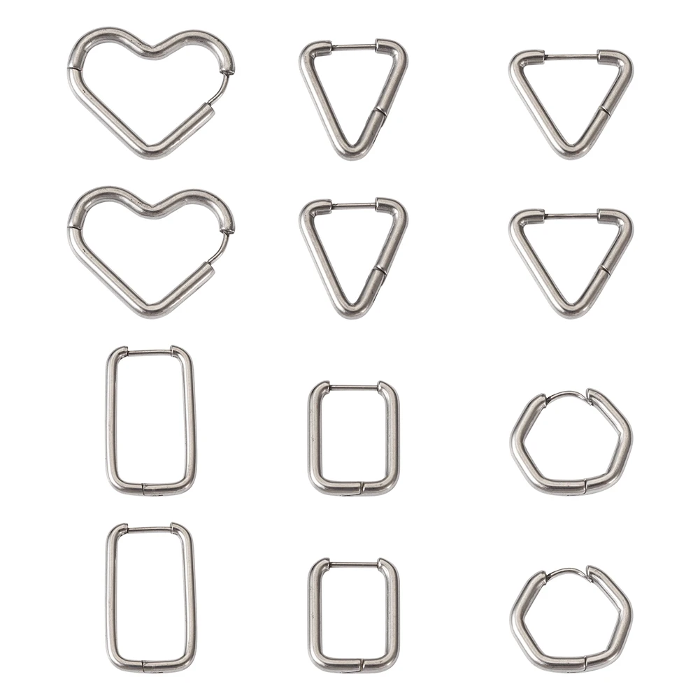 

12Pcs 303 Stainless Steel Hoop Earrings Heart & Rectangle & Hexagon & Triangle For Women Fashion Jewelry Supplies Ear Buckle