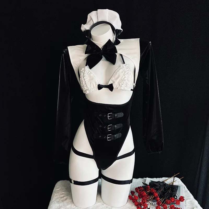 Body Sexy de charol con sujetador abierto para mujer, disfraz de sirvienta de Anime, conjunto de uniforme de sirvienta con espalda descubierta, ropa de Carnaval de Halloween