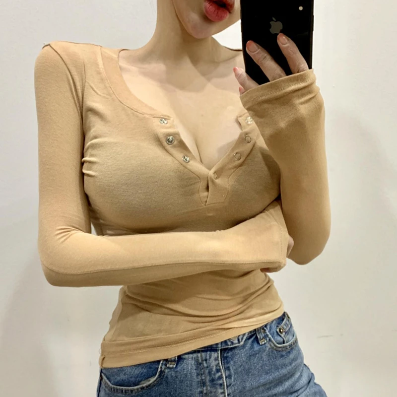 Women Sexy V-Neck Thin T-Shirts Spring Korean Women Tops Clothes Stretchy Tight-fitting Long Sleeve Solid Versatile Cotton Tees