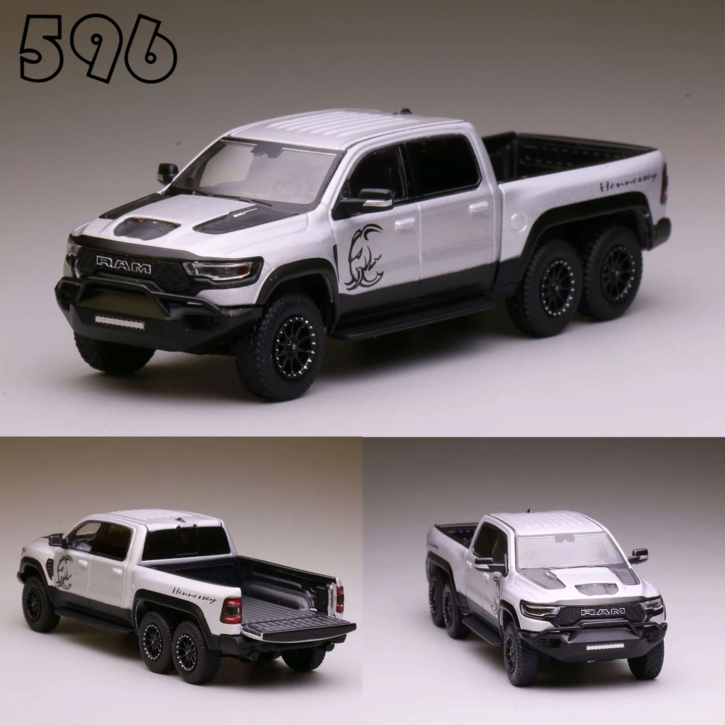 596 1/64 Dodge Ram 1500TRX Tyrannosaurus Pickup Mammoth Edition with Lights Car Alloy Motor Vehicle Diecast Metal Model