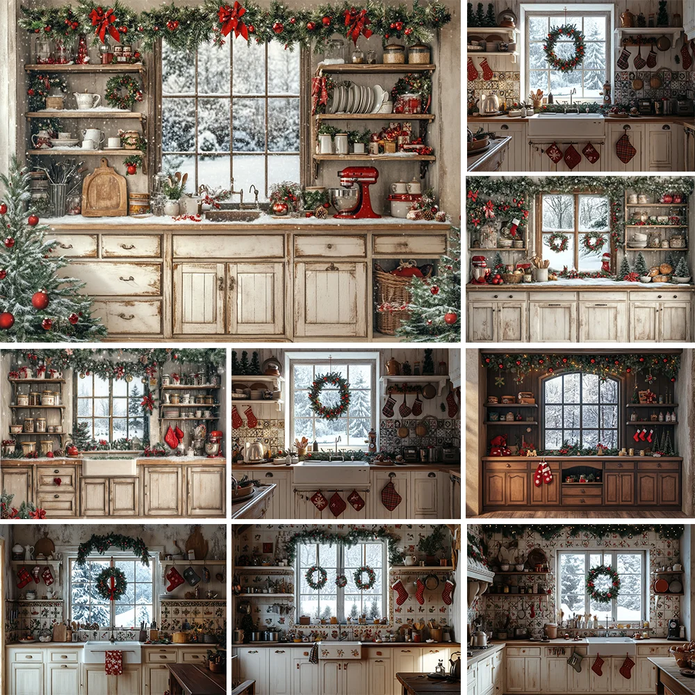 

Photography Background Christmas Kitchen Windows Backdrop Family Xmas Gathering Holiday Party Prom Studio Prop