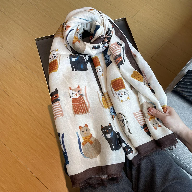 2024 Animal Cartoon Cat Pattern Fringe Viscose Scarf Lady Print Soft Voile Shawls and Wraps Pashmina Muslim Hijab Sjaal 180*90Cm