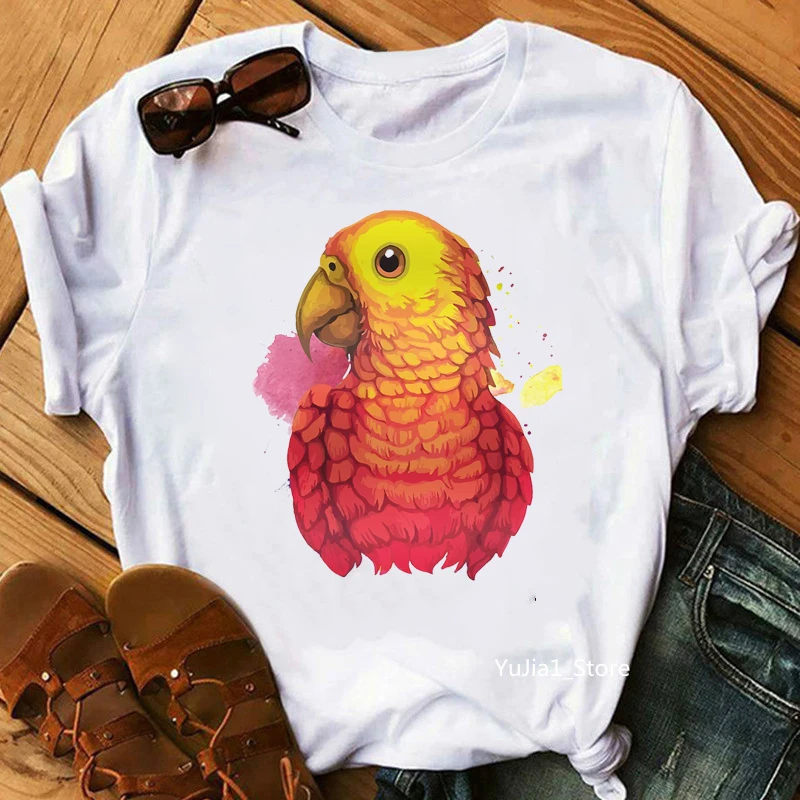 

Rainbow Watercolor Birds Cockatiel Parrot T Shirt Women Clothes 2024 Funny Tshirt Female Harajuku Kawaii Clothes T-Shirt