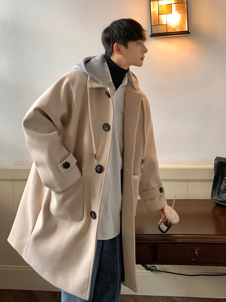 Hooded Blends Men Korean Style Lace-up Spliced Single Breasted Spring Autumn Temperament Streetwear Tender Advanced Classic 2023