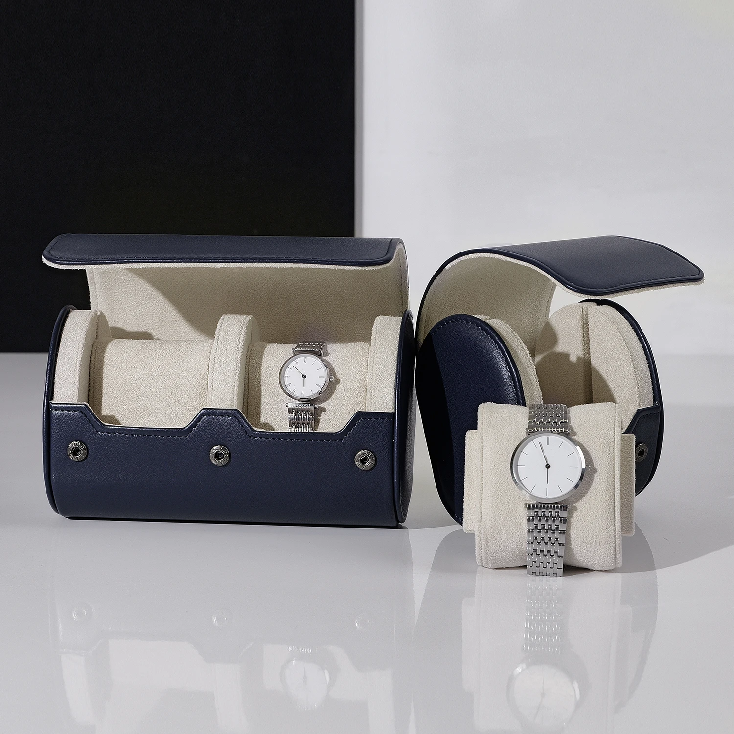 Navy Blue Leather Watch Box with Soft Suede Lining, Portable Watch Storage Box for 2 Watches