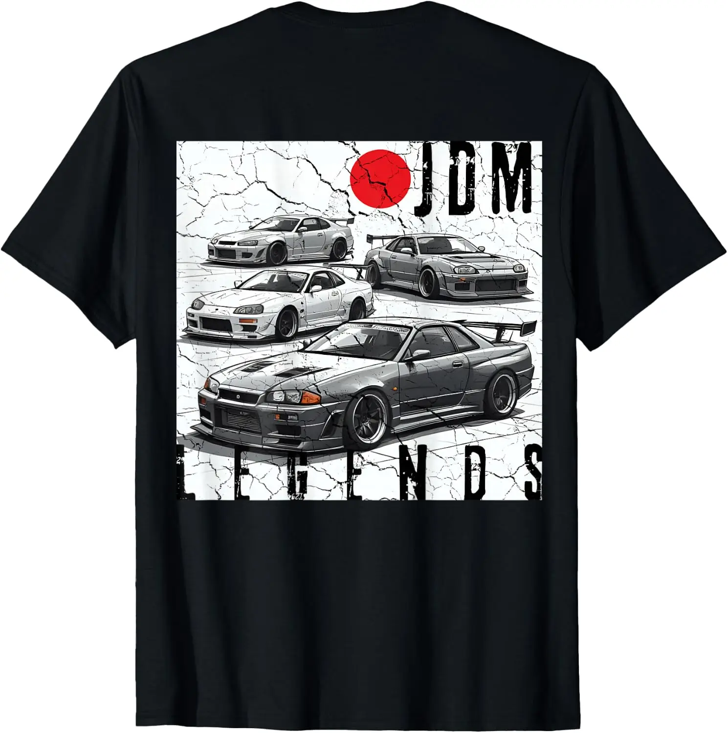 Backprint Distress JDM Legends Race Cars Japanese Flag Gifts T-Shirt 100% Cotton Trendy Y2K Short-Sleeve Tee-Soft, Quick-Drying,