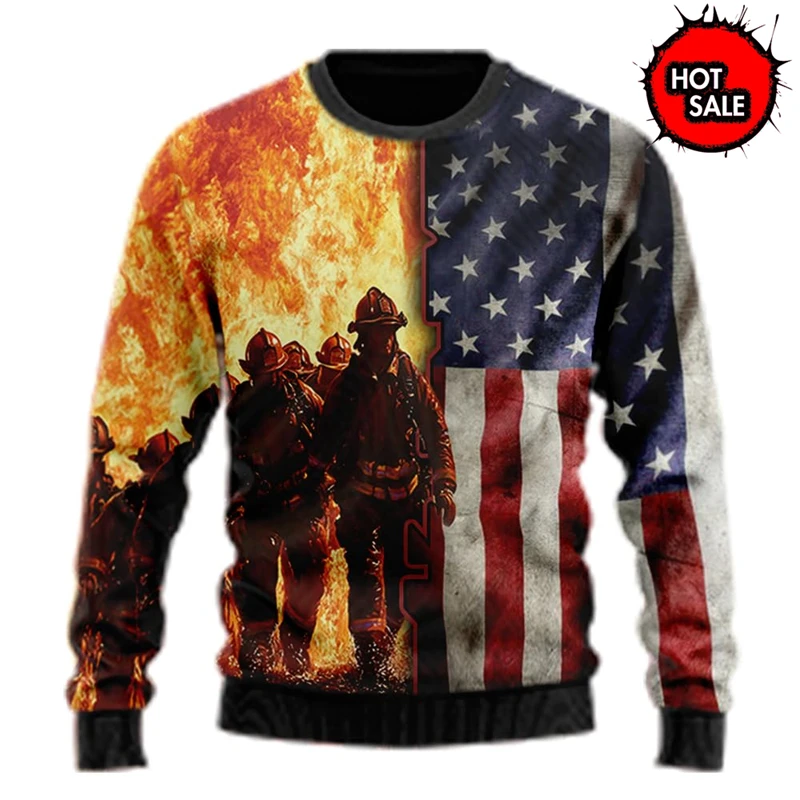 New Year Christmas Gift Ugly Sweater Hot Selling Autumn Winter Oversized Pullovers Men's Christmas Firefighter Print Sweatshirts