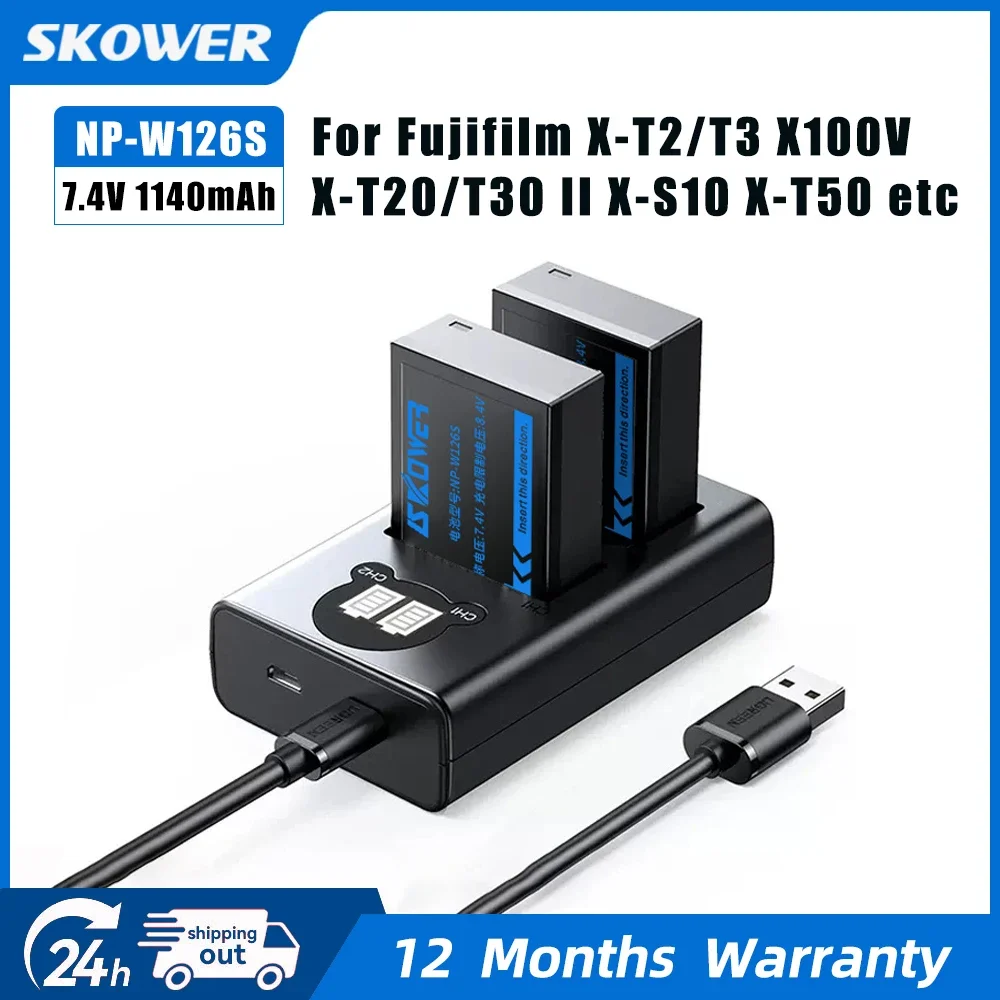 SKOWER NP-W126/W126S Camera Battery Dual Charger for Fujifilm X100F X-Pro1 X-T1/T30 X-A1/A2/A3/A10 X-E1 X-E2/E3 X-M1 XS10 XT50