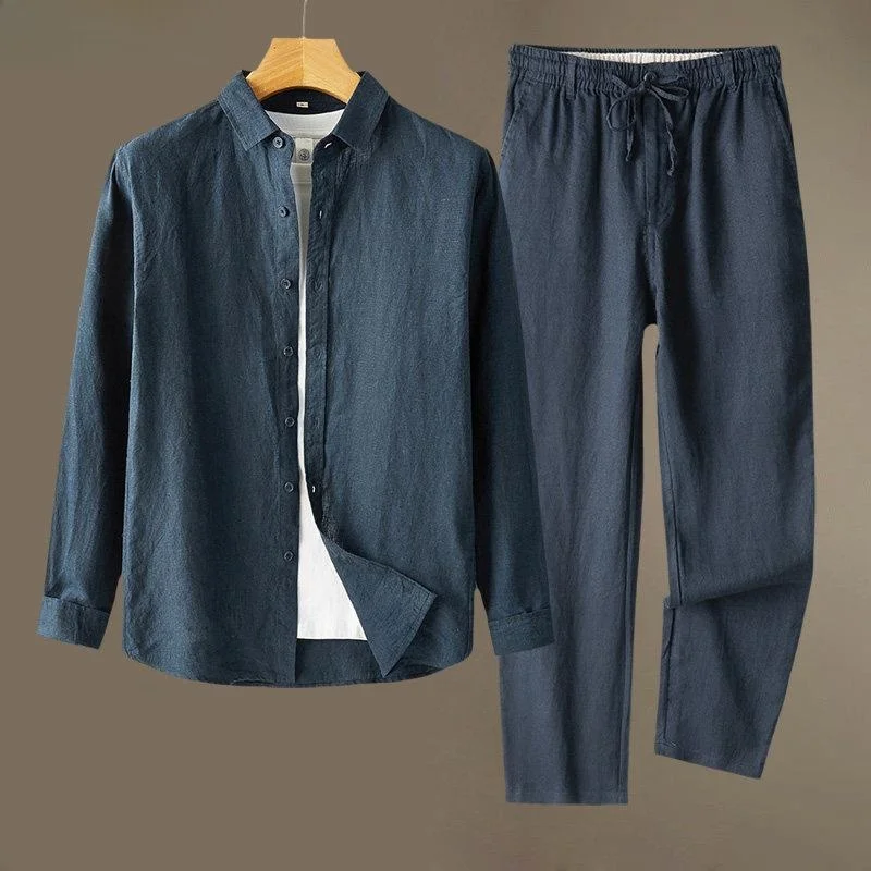 Loose Fit Linen Long Sleeve Casual Shirt Men's Summer Thin Breathable Youth Fashion City Walk Linen Material Pants Set