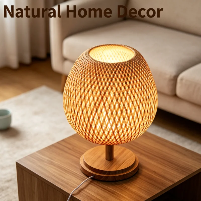 Handmade Bamboo Woven Table Lamp Wooden Base Bedside Night Light for Bedroom Living Room Home Decor