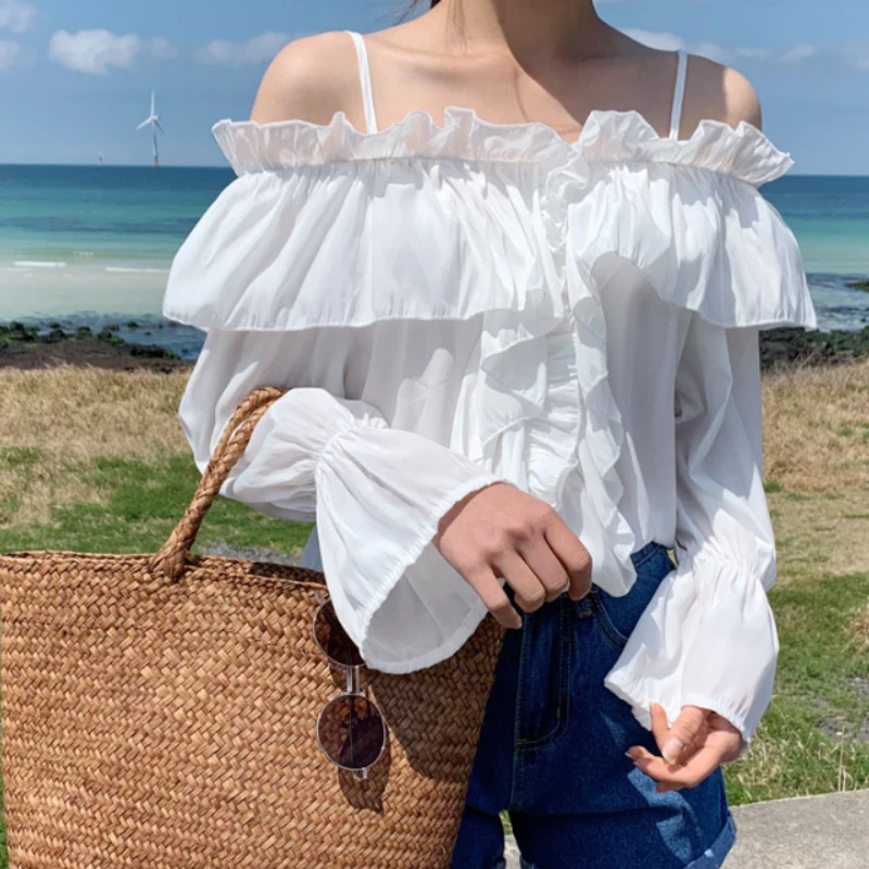 

2023 Summer New Spaghetti Strap Chiffon Shirt Women Sweet Ruffles Slash Neck Chic Solid Flare Long Sleeve Pullover Tops Femal