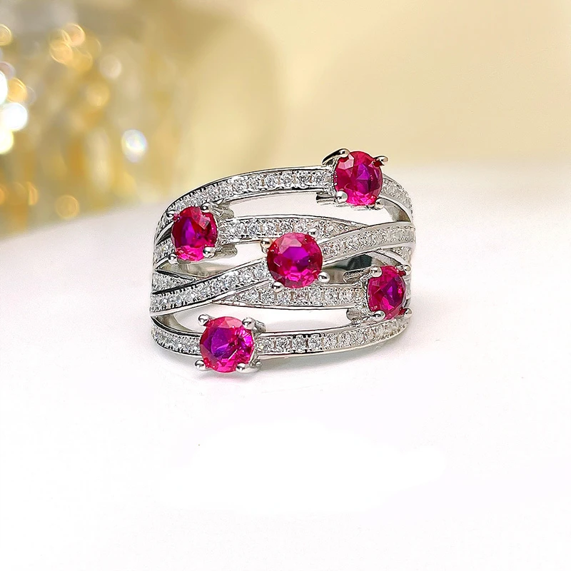 Karloch new 925 silver European and American light luxury ruby ring with crossed geometric ring for a high-end feel