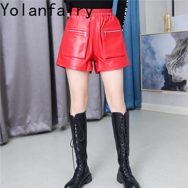 YOLANFAIRY Autumn Women Red Genuine Sheepskin Cargo Shorts Elastic Waist Wide Leg Short Pants Slim-fit Real Leather Shorts Femme
