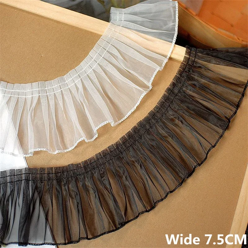 7.5CM Wide White Black Organza Lace Fabric Ribbon Tulle Pleated Frills Dresses Collar Neckline Ruffle Trim Apparel Sewing Decor