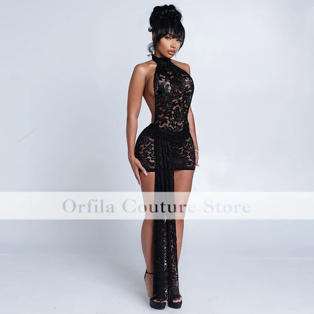 Sexy Black Birthday Dresses For Women Halter Lace Short Party Outfits Mini Cocktail Gowns Vestidos De Gala Customized