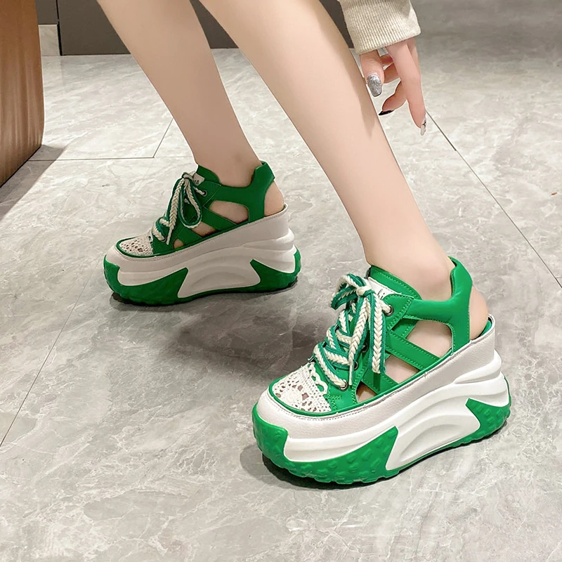 10CM Hollow Summer Sandals Wedge Heels Leather Sneakers Women High Platform Beach Gothic Punk Casual Breathable Walking Slippers