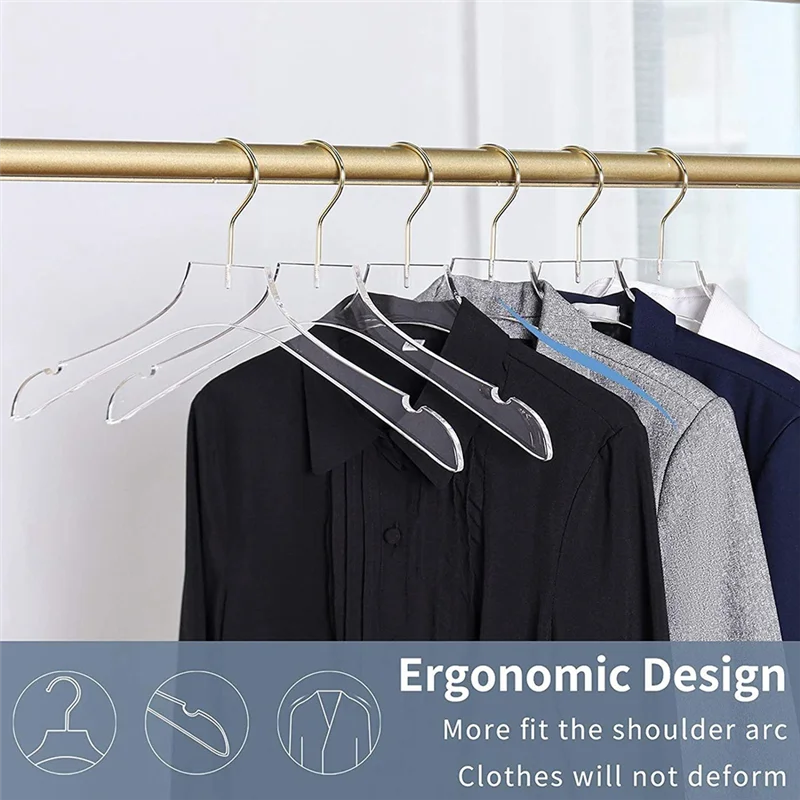 ABSE-15 Pcs Clear Clothes Hangers With Gold Hook, Transparent Shirts Dress Coat Hanger With Notches For Lady Kids Small