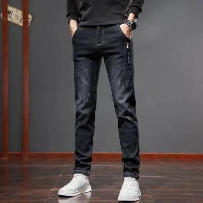 

Мужские джинсы прямого кроя Slim Fit, модные повседневные, свободные, со средней посадкой, из полиэфирного волокна, молодежные, трендовые, без бренда