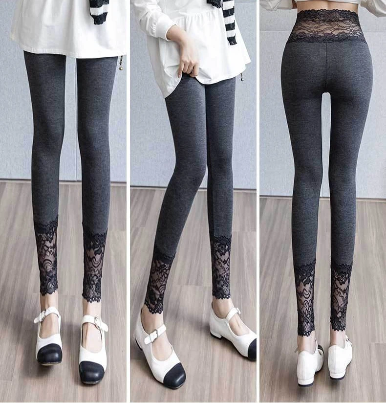 Modale Leggings für Damen, hohe Taille, sexy Spitze, schlank, dehnbar, atmungsaktiv, allein zu tragen, Frühling, Herbst, Basisschicht, Po-Lifting-Leggings – Detail 8