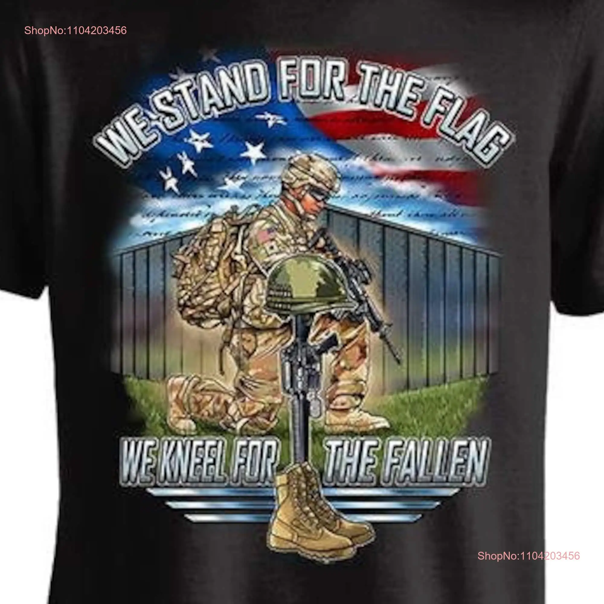 We Stand for the Flag Kneel Fallen T shirt FRONT PRINT long or short sleeves