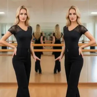 

Elegant Black Lace Latin Dance Top – Medium Sleeve Dance Costume & Performance Accessory for Adult Women,Great for Square Dance