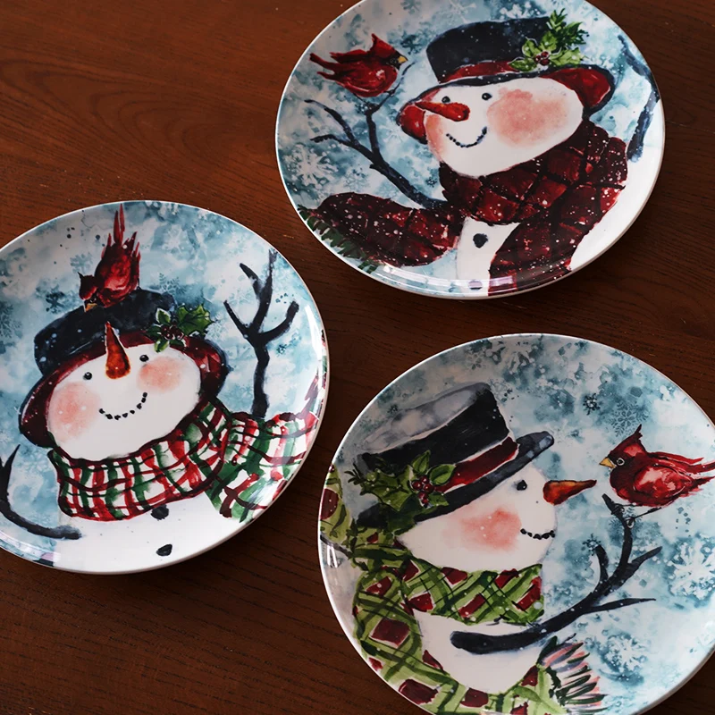 Christmas Illustration Style, Christmas Snowman, Western Food Plate, Steak Plate, Underglaze Color