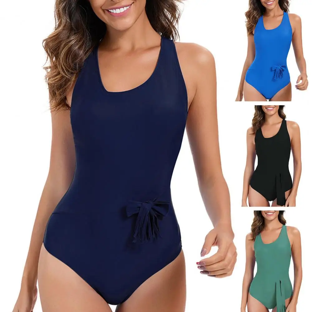 Women Monokini U-Neck Cross-Back Padded One-Piece Swimsuit Solid Color Backless Bathing Suit Sexy Slim Fit Swimwear 수영복