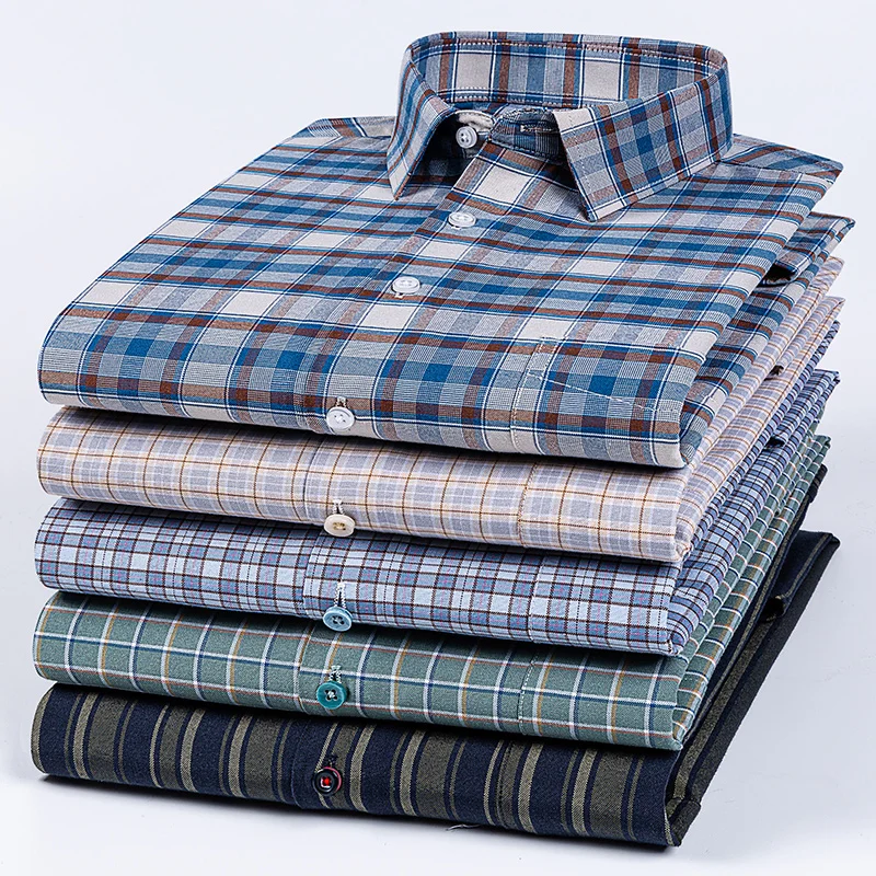 Plus Size 14XL 100%Cotton Long-Sleeve Shirts for Men Slim Fit Formal Plain Shirt Soft Plaid Striped Tops Office Elegants Clothes