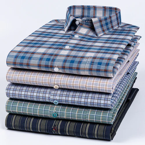 Imagen 2 del producto Camisas de manga larga de talla grande 14xl 100% algodón para hombre, camisa lisa formal ajustada, tops a rayas a cuadros suaves, ropa elegante de oficina