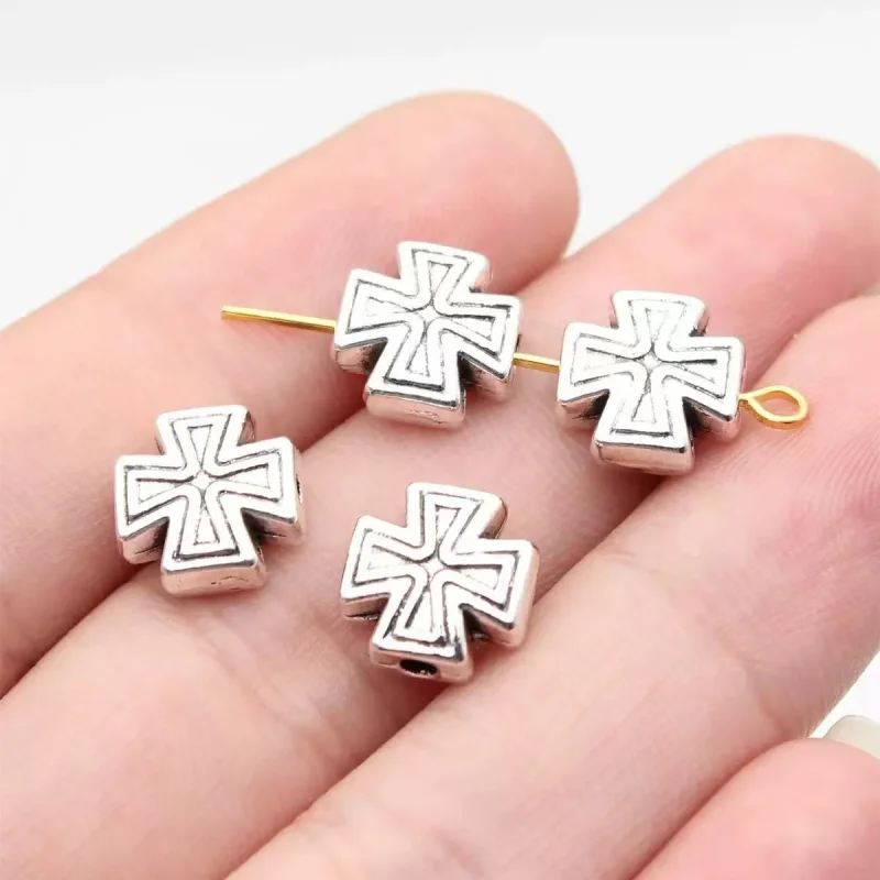 WKOUD 10pcs Silver Plated 2mm 3D Small Hole Beads Crosses Charm Religious Necklace Bracelet DIY Metal Jewelry Accessories10mm