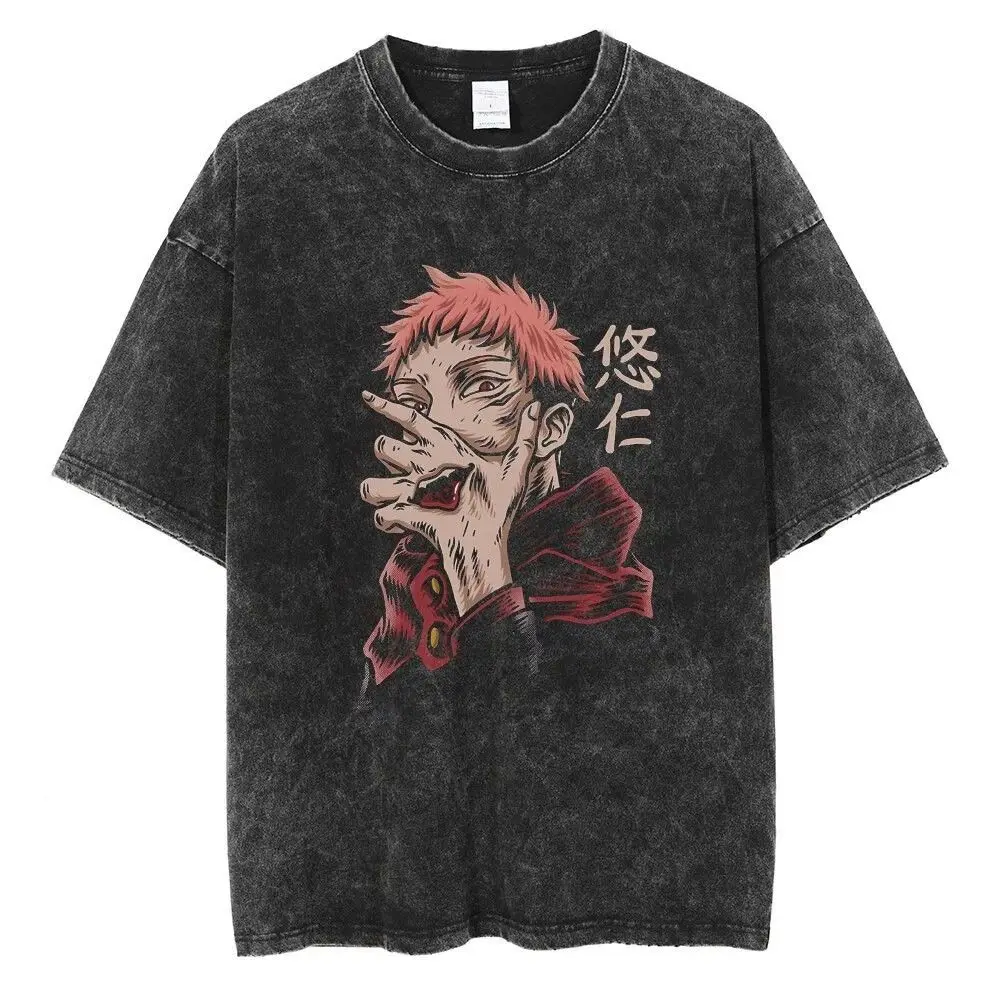 ​ ​ Jujutsu Kaisen Anime T-shirt Set Gojo Satoru Megumi Fushiguro Yuji Itadori Sukuna Vintage Wash Cotton Streetwear ​