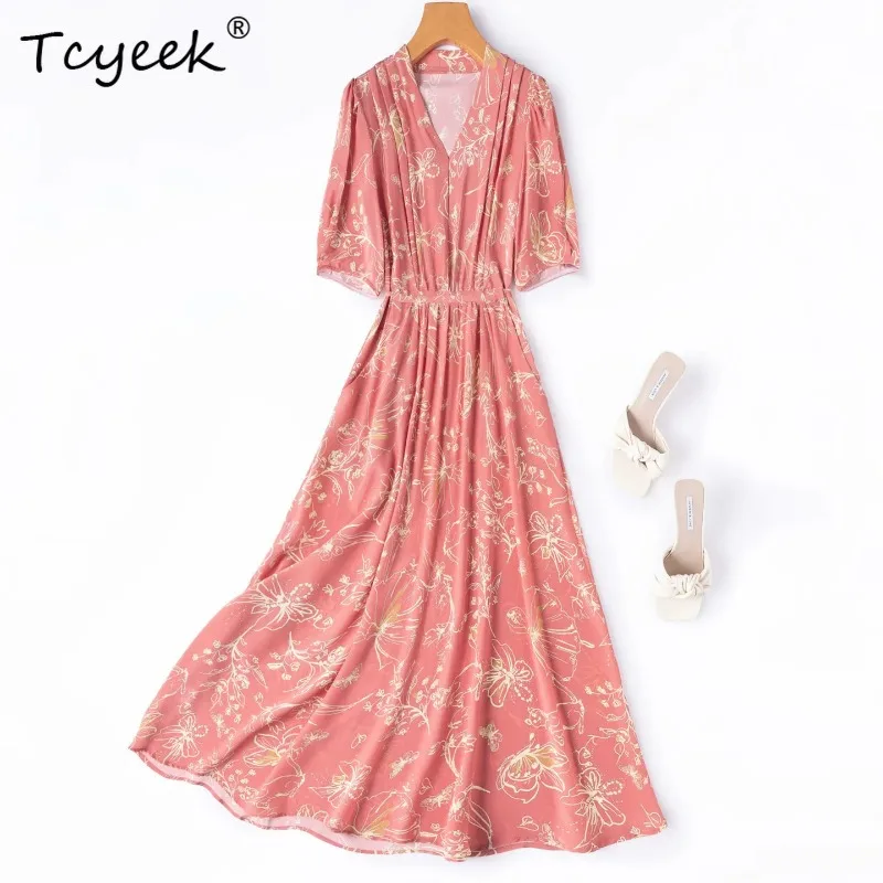 Tcyeek 100% Real Silk Long Dress for Women Elegant Womens Dresses Lantern Sleeve Summer Clothes High Waist Drawstring Vestido
