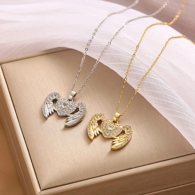 Модная цепочка на ключицу, ожерелье из титановой стали с защитой сердца, кулон в форме крыла в форме сердца