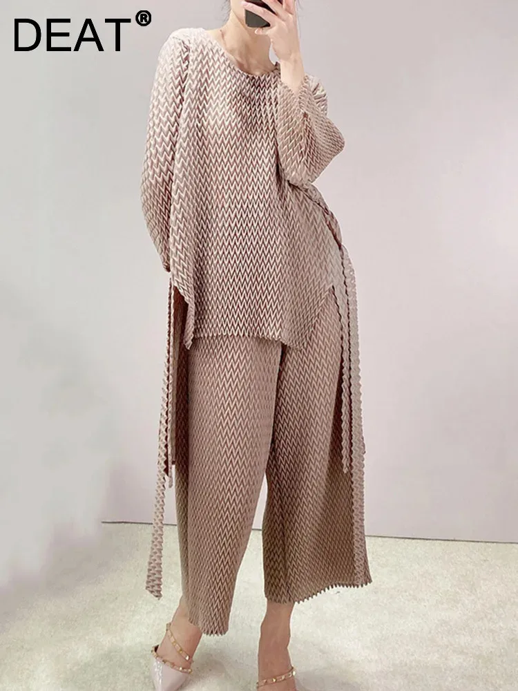 DEAT Women Pleated Suit Asymmetry Lacing Long Sleeve Shirt + Wide Leg Elastic Pants Casual Style 2024 New Autumn Fashion 15JK461