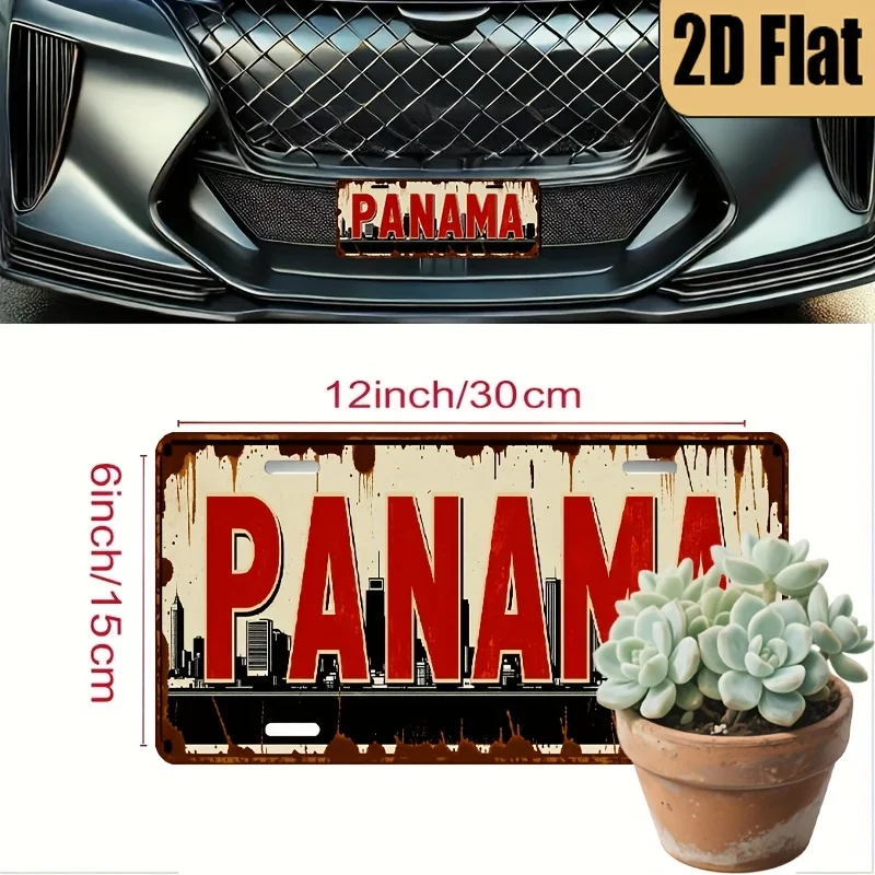 A 2D flat decoration with a retro style aluminum license plate theme of 'Panama Capital', only used for decoration