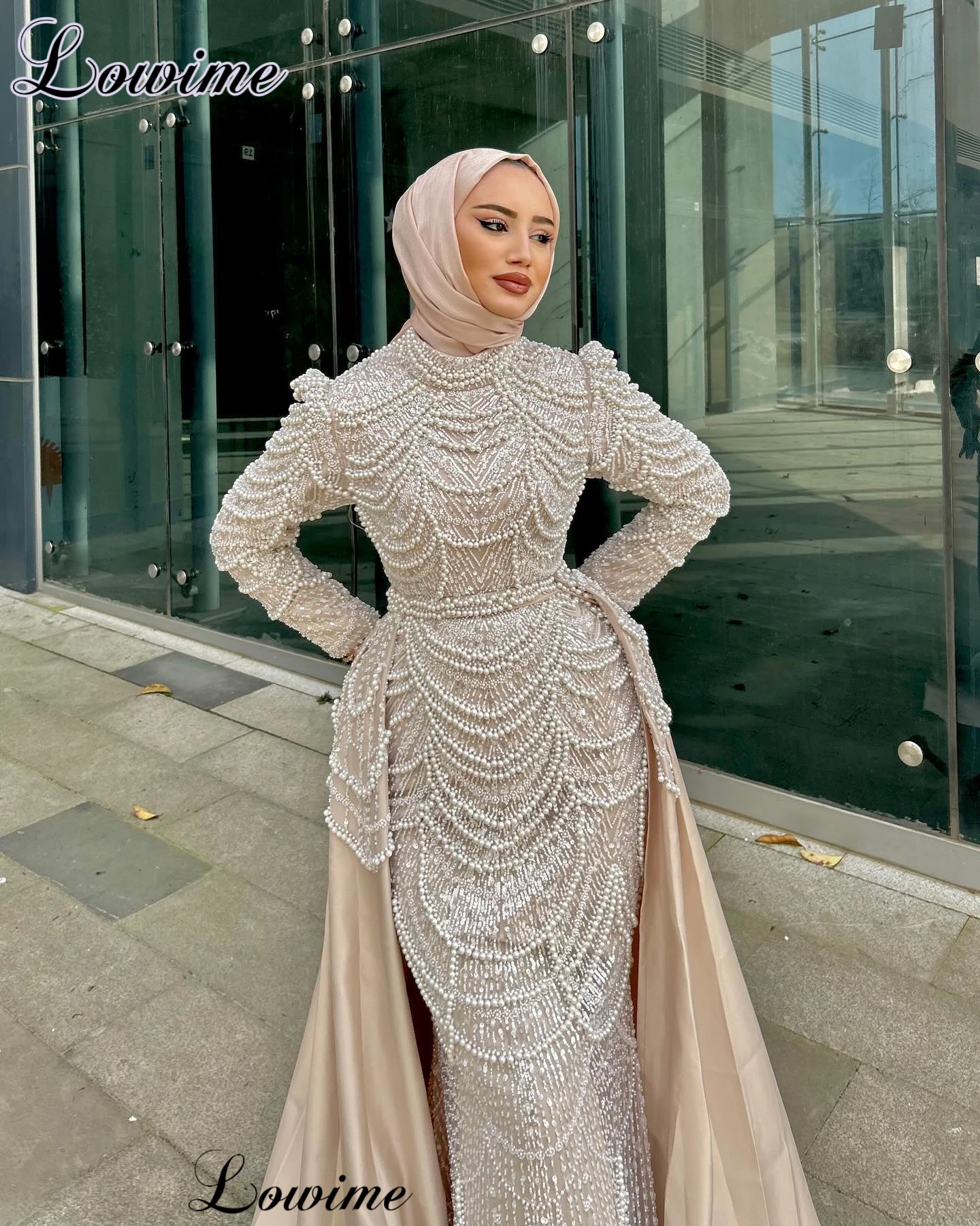 Middle East Champagne Celebrity Dresses With Detachable Train Muslim Formal Occasion Dresses Mermaid Vestidos De Gala Gowns