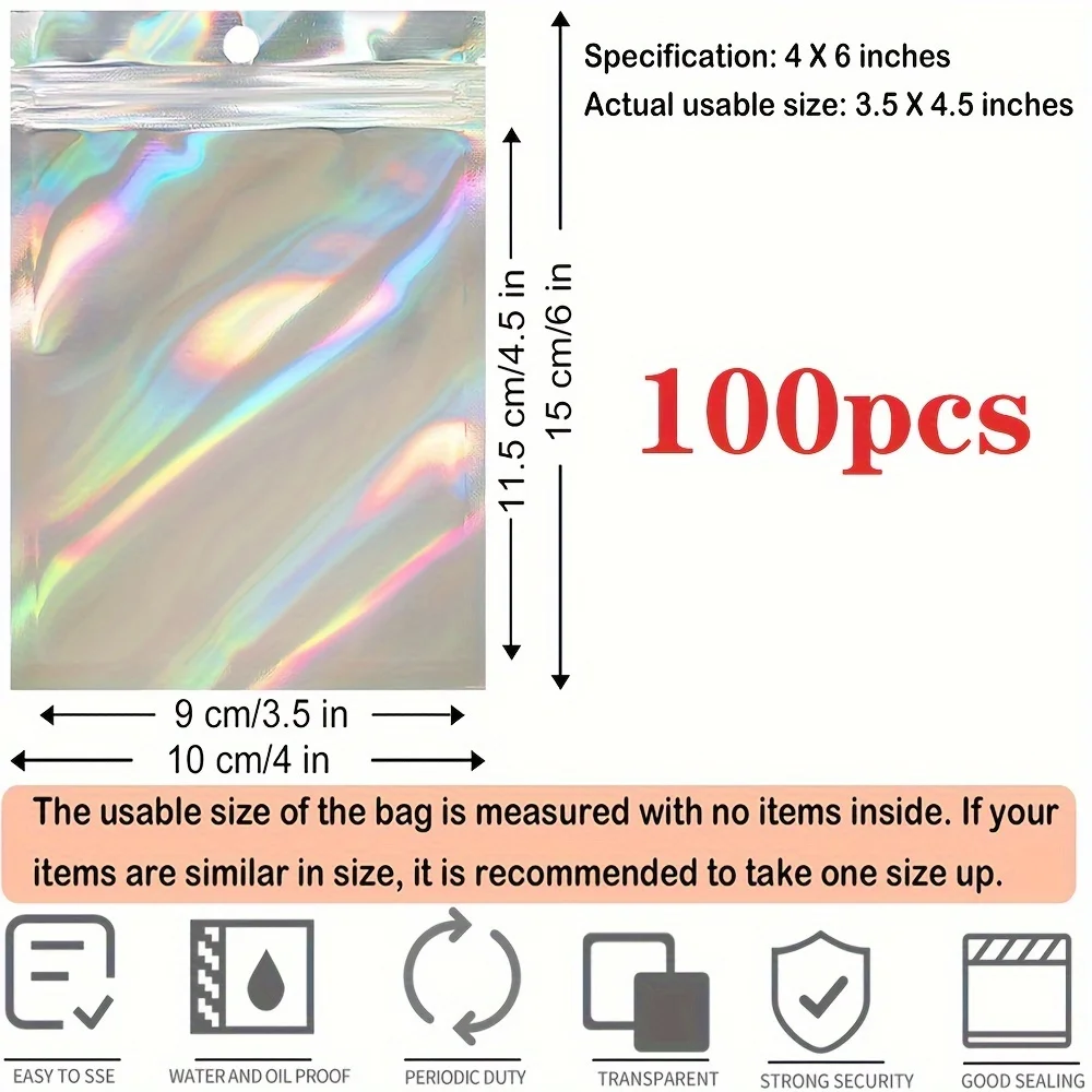 100PCS Resealable Holographic Bags Rainbow Coloured Laser Film Bags Transparent Zip Foil Packaging Bags 4 X 6 Inches