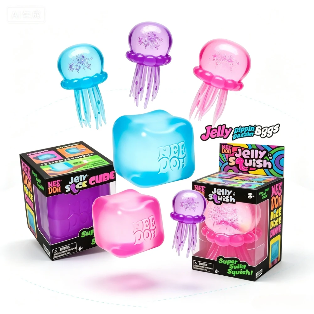‥Needoh Fuzz Ball Jellyfish Squishy Blind Box Random Color Soft Stress Relief Toy Cute Relaxing Squeeze Sensory Toy Squishies