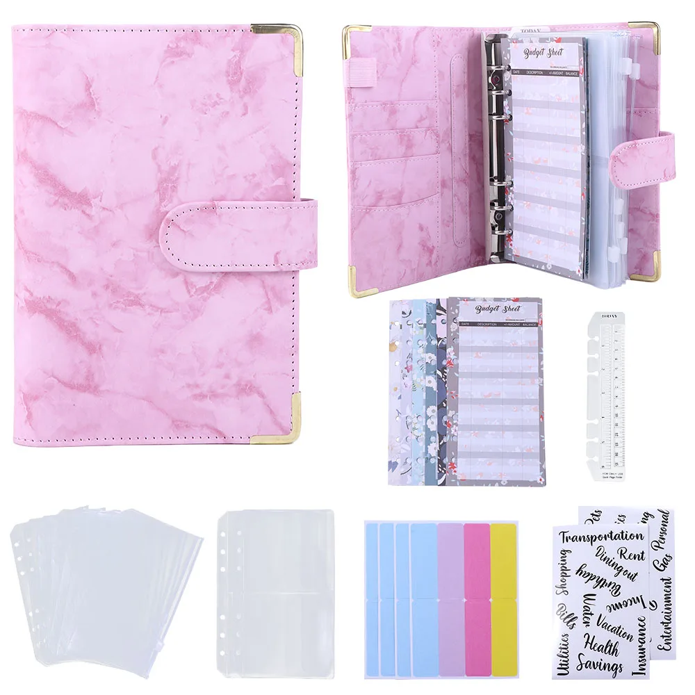 for Budgeting PU Leather Budget Planner Zipper Envelope 6 Ring Binder Marble Budget Binder Marble Notebook Notebook Binder
