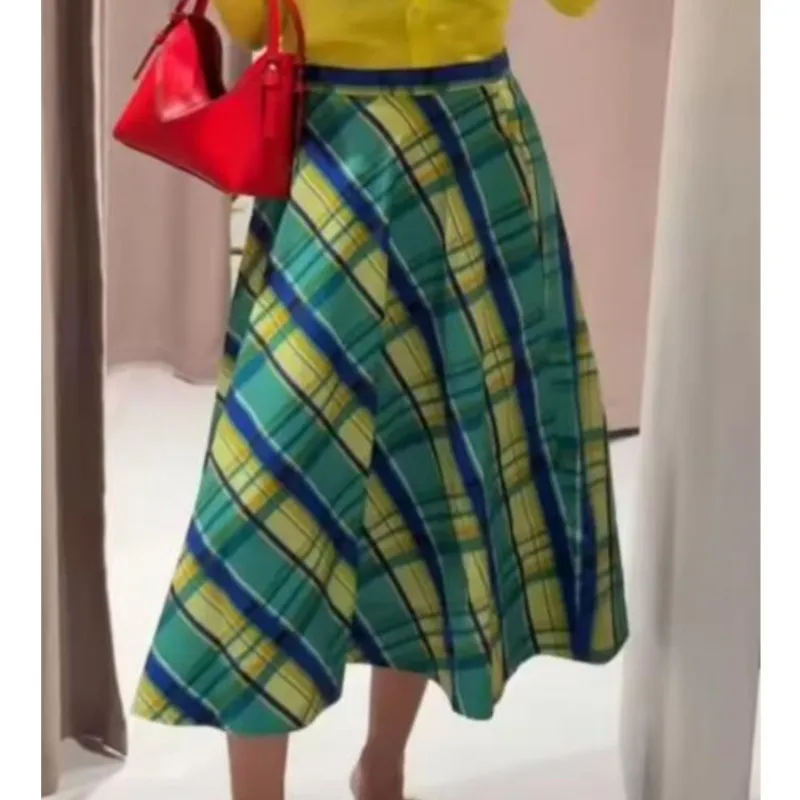 Women's Plaid Skirt 2026 Summer New Casual Mid-waist Side Zipper Skirt Fashion Female Vintage Print Skirts