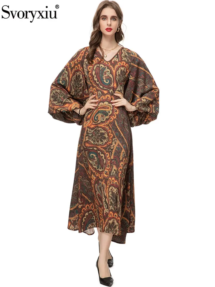 

Svoryxiu Fashion Runway Autumn Vintage Print Long Dress Women's V-Neck Lantern Sleeve High Waist Slim A-Line Long Dresses