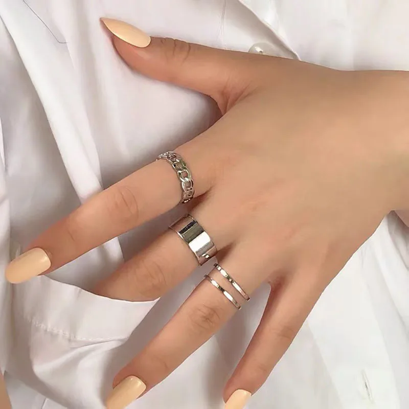 3 Piece Stainless Steel Korean Punk Women\'s Ring Set Jewelry Silver Color Geometric Chain Open Rings For Women 2024 Wholesale