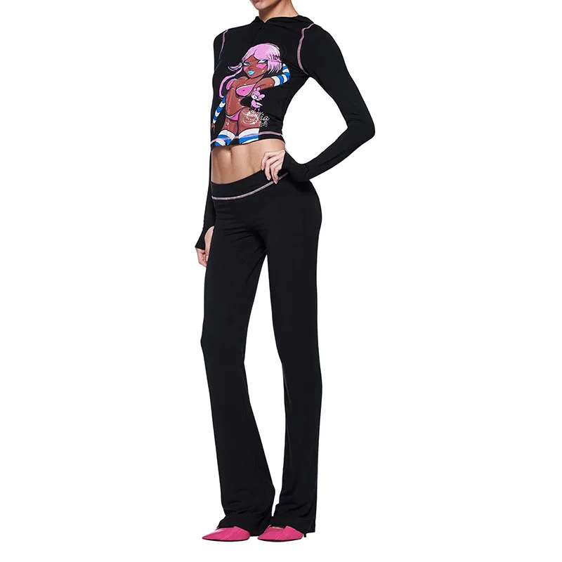 

Летний женский модный комплект из двух предметов, уличная футболка на молнии с капюшоном и длинными рукавами с принтом аниме, повседневные брюки, одежда Y2K