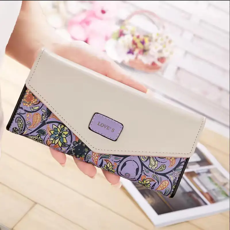Women's Envelope Flower Long Wallet Contrasting Tri-Fold Printed Pu Leather Hasp Coin Wallet Handbag Mobile Phone Bag