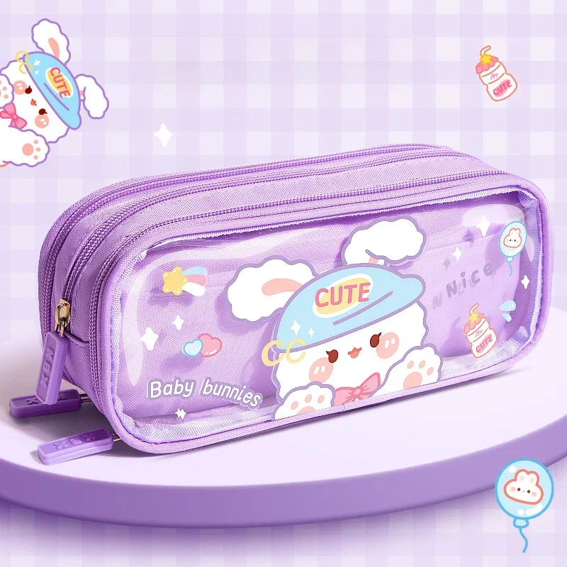 Three-layer Large-capacity Transparent Pencil Case Cute Print Wear-resistant Waterproof Pupil Stationery Storage Box