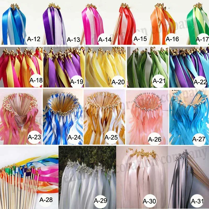 10pcs /lot Multicolour Wedding Ribbon Stick/Sparklers wedding wands with Bell Wedding Ribbon Stick ribbon Twirling Streamers