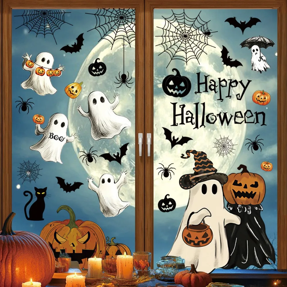 Double Sided Halloween Window Glass Stickers Electrostatic Self Adhesive Cute Ghosts Pumpkin Wall Stickers Decorative Stickers