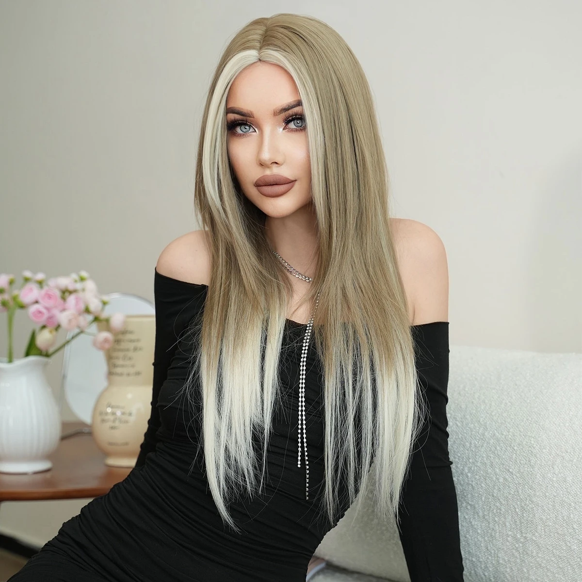 

7JHH WIGS Synthetic Hair Wig Long Straight Ombre Cool Brown Wig with White Highlight Bangs for Women High Density Heat Resistant